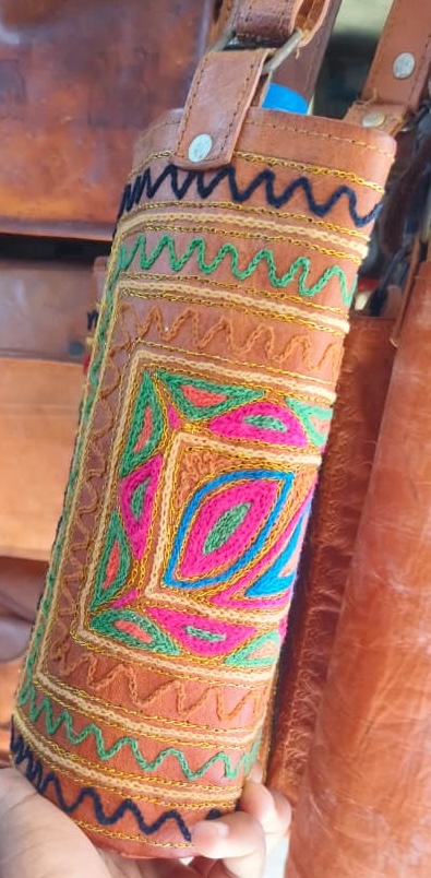 Leaf Embroidered Leather Bottle Holder