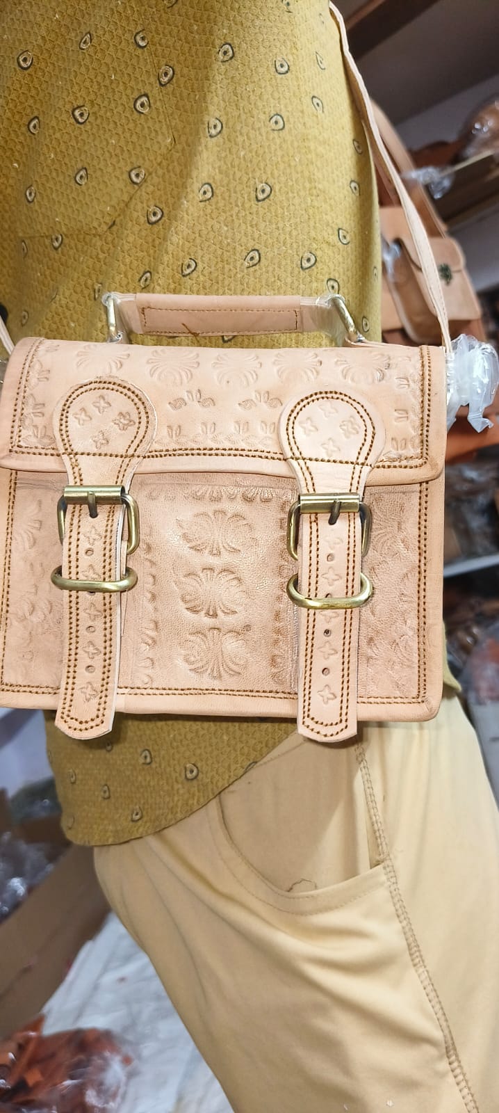 Tan Drawstring Leather Potli Bag