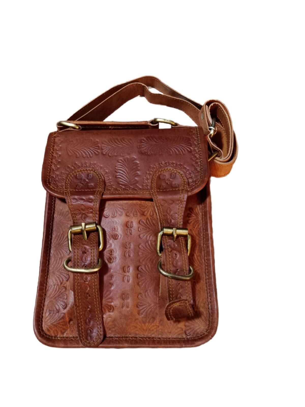 Double Buckle Embossed Leather Sling Bag