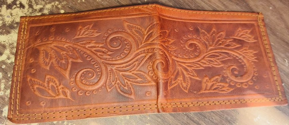 Floral Embossed Tan Leather Wallet